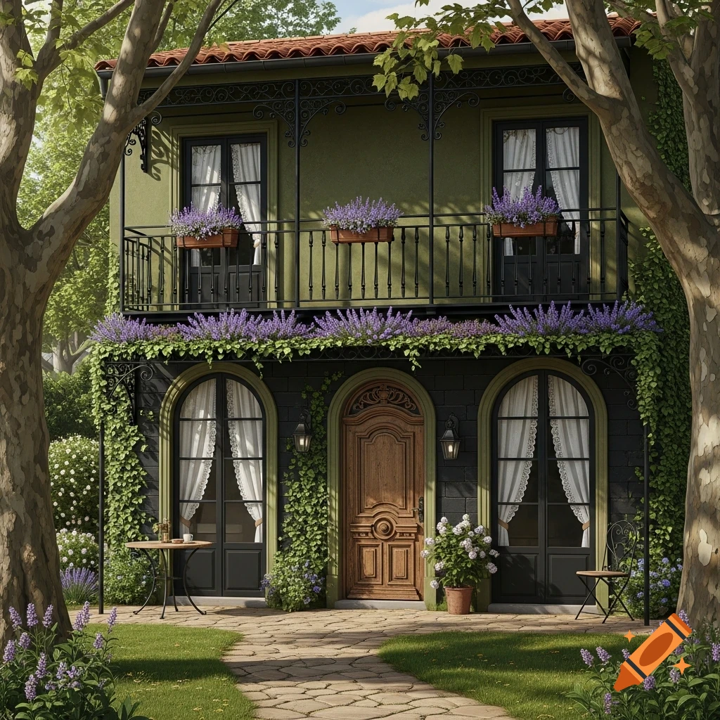 A charming olive green and black French-themed house exterior with a balcony, ornate wooden door, and a lush garden with lavender.