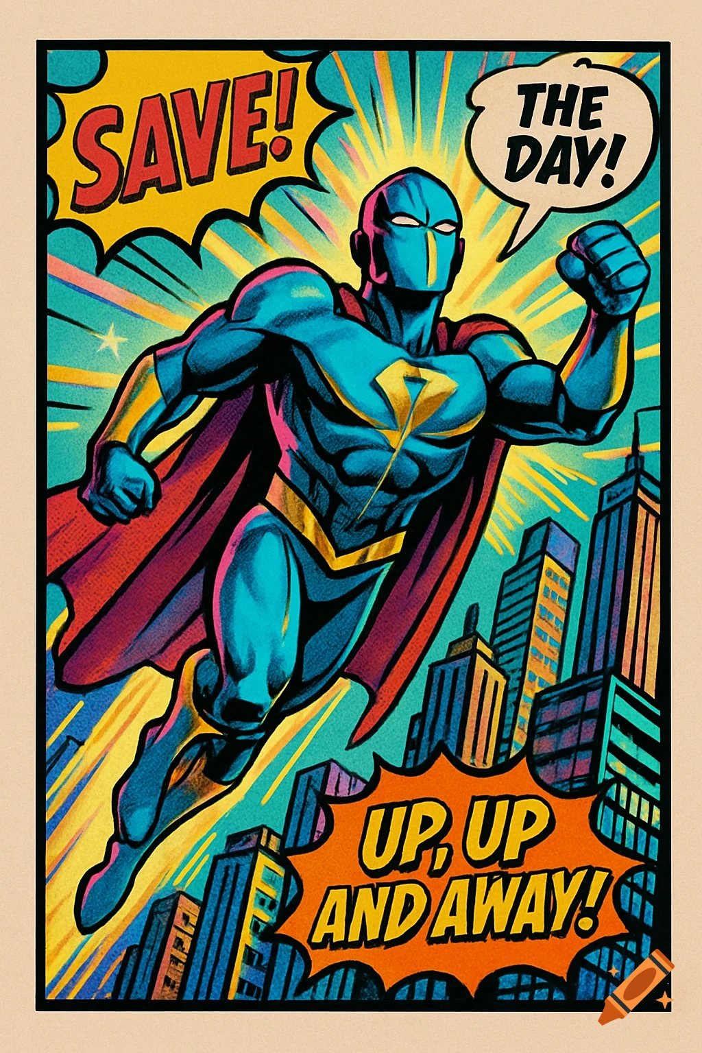 A comic book style illustration of a blue-suited superhero with a red cape flying over a city, with speech bubbles saying "SAVE! THE DAY!" and "UP, UP AND AWAY!"