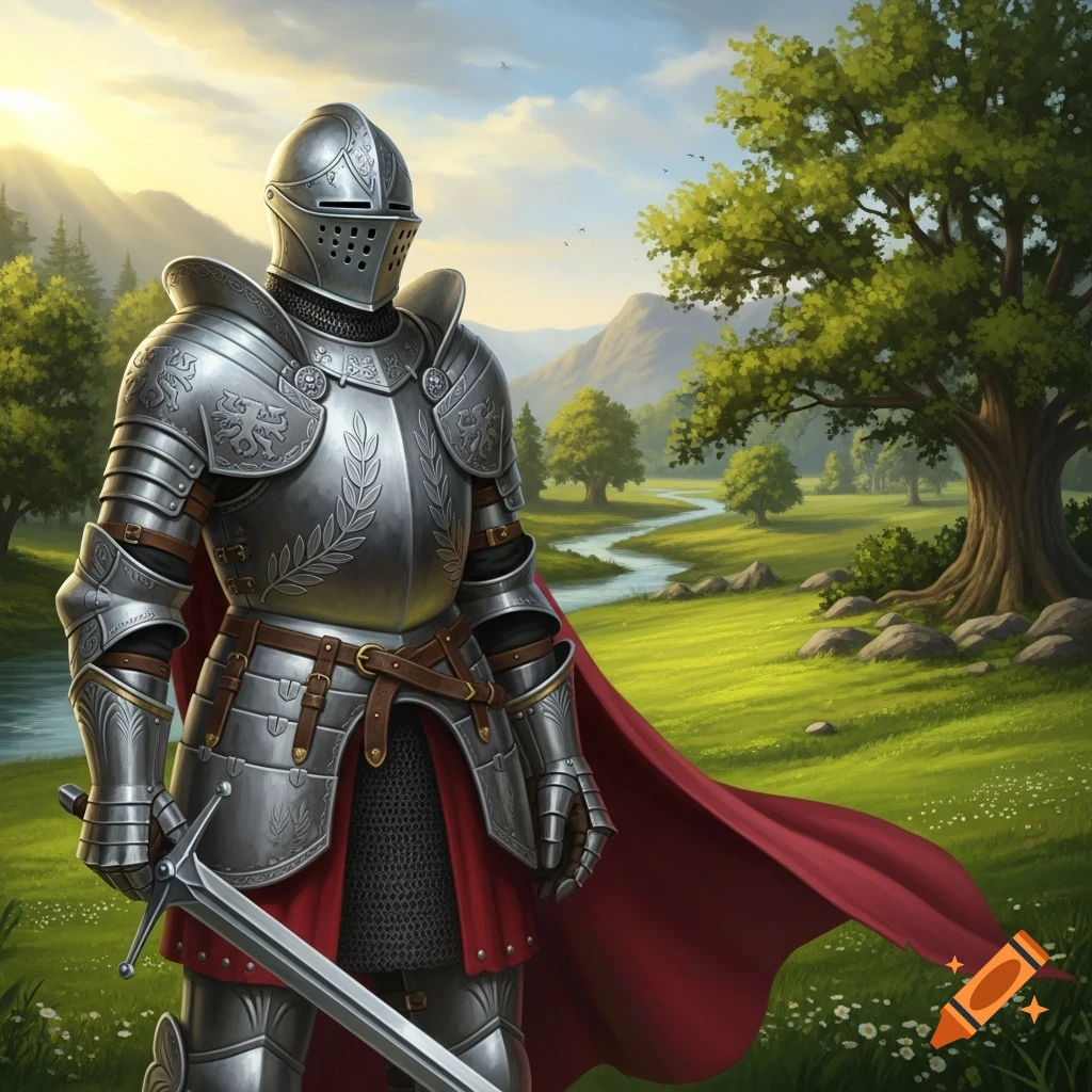 A knight in shining full plate armor and a red cape stands with a sword in a lush, sunny green valley with a winding river and trees.