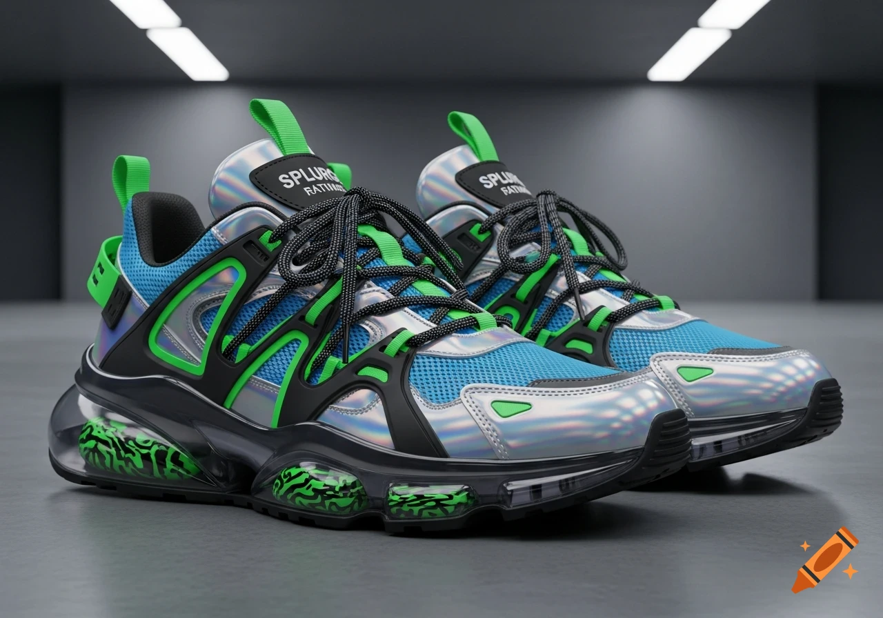 A pair of blue, silver, black, and neon green sneakers with translucent soles and abstract patterns, presented photorealistically.