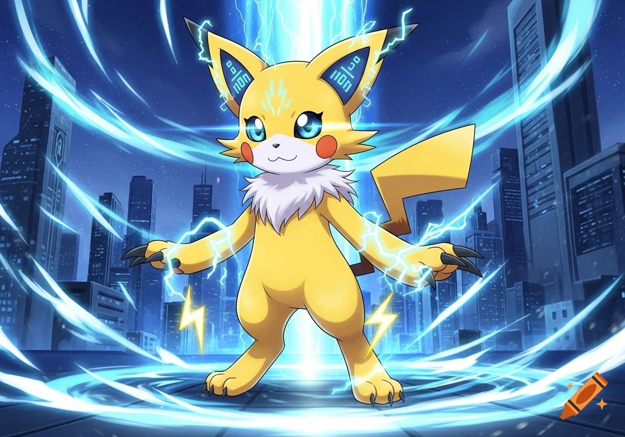 Anime fusion of Gatomon and Pikachu, a yellow electric cat-like creature with red cheeks, generating blue lightning in a city.