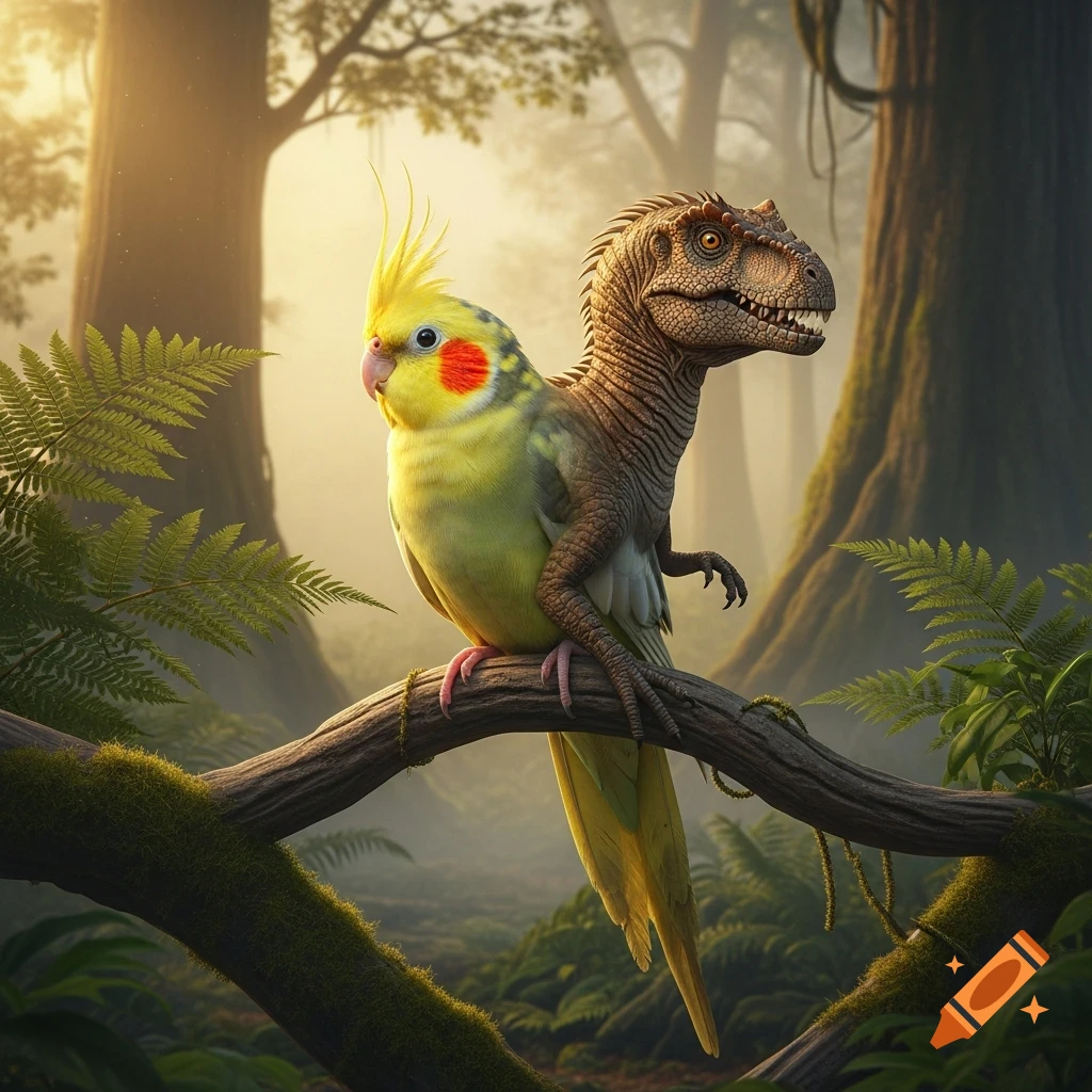 A vibrant green and yellow cockatiel with a dinosaur's head and body perched on a mossy branch in a lush, misty jungle.