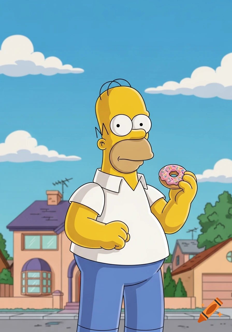 Homer Simpson in a white polo shirt and blue pants, holding a pink frosted donut in front of his house under a blue sky.
