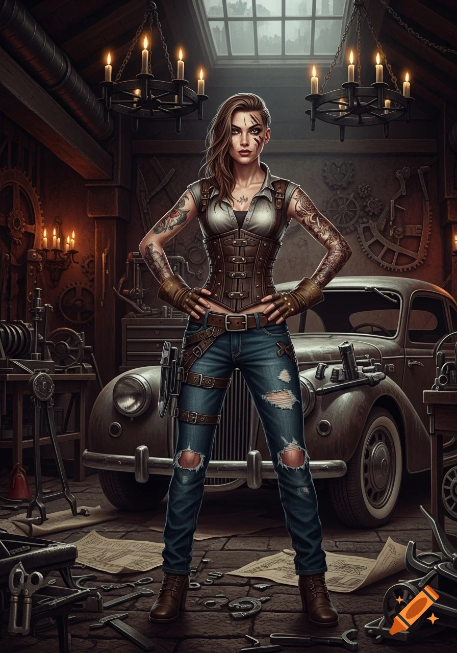 A gothic mechanic woman with tattoos stands confidently in a detailed industrial workshop with an old car and tools.