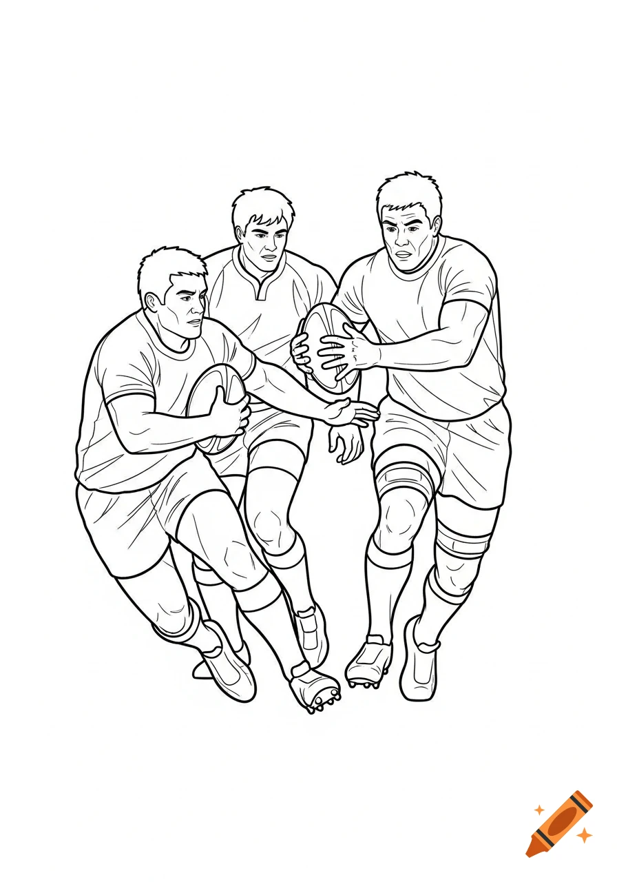 Black and white line drawing of three muscular rugby players running, two holding rugby balls.
