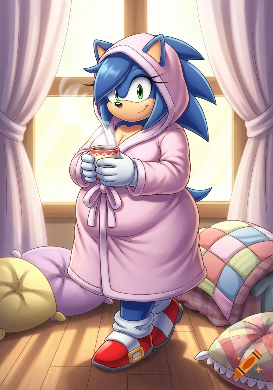 A chubby female Sonic character in a pink hooded dressing gown holds a steaming mug by a window with curtains and pillows.