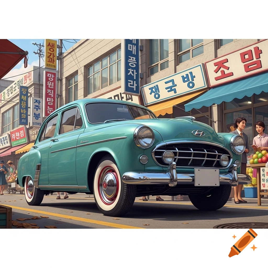 A teal 1950s sedan with white-wall tires parked on a street lined with Korean shops under a bright sky, illustration style.