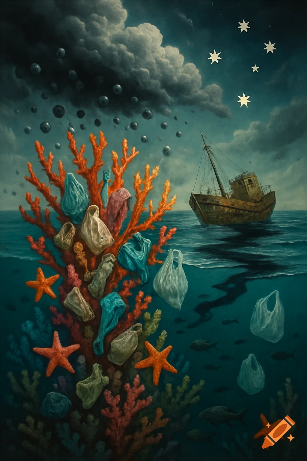 Painterly scene of an ocean polluted with plastic bags clinging to coral, an oil spill from a sunken boat, and dark clouds dropping spheres, with stars in the sky.