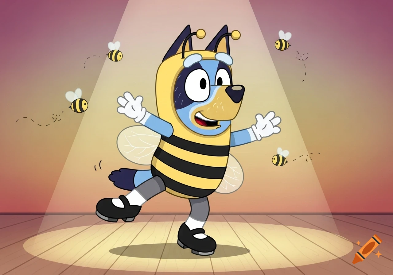 Bluey the blue dog in a bee costume, white gloves, and black tap shoes, tap dancing under a spotlight on a wooden stage with flying bees in a 2D cartoon style.