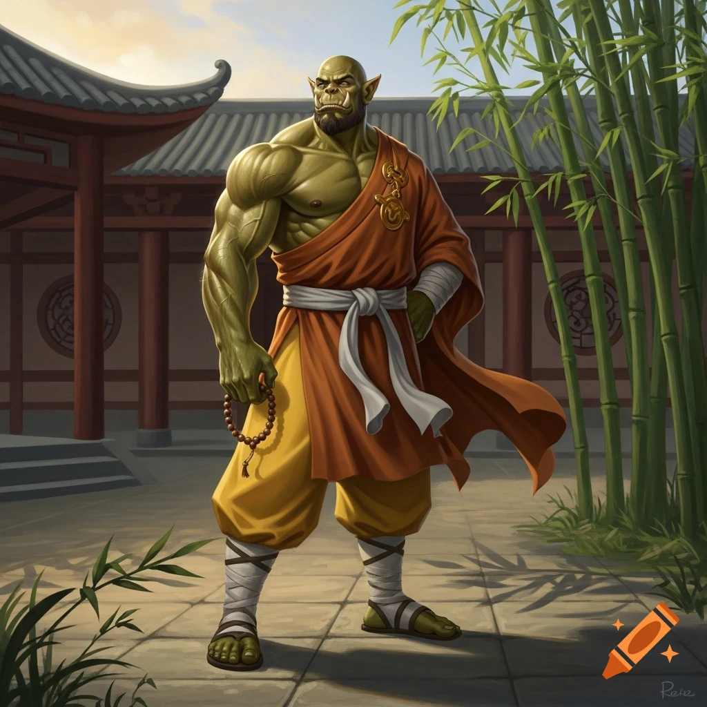 A muscular green orc monk in an orange shaolin robe and yellow pants, holding prayer beads, stands in a courtyard with bamboo and a traditional building.
