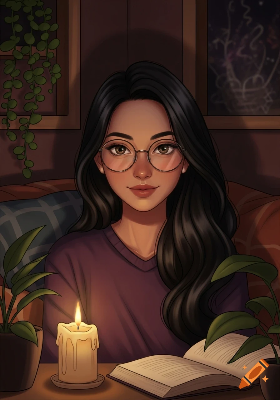 Digital art portrait of a woman with long dark hair and glasses, reading a book by candlelight surrounded by plants.