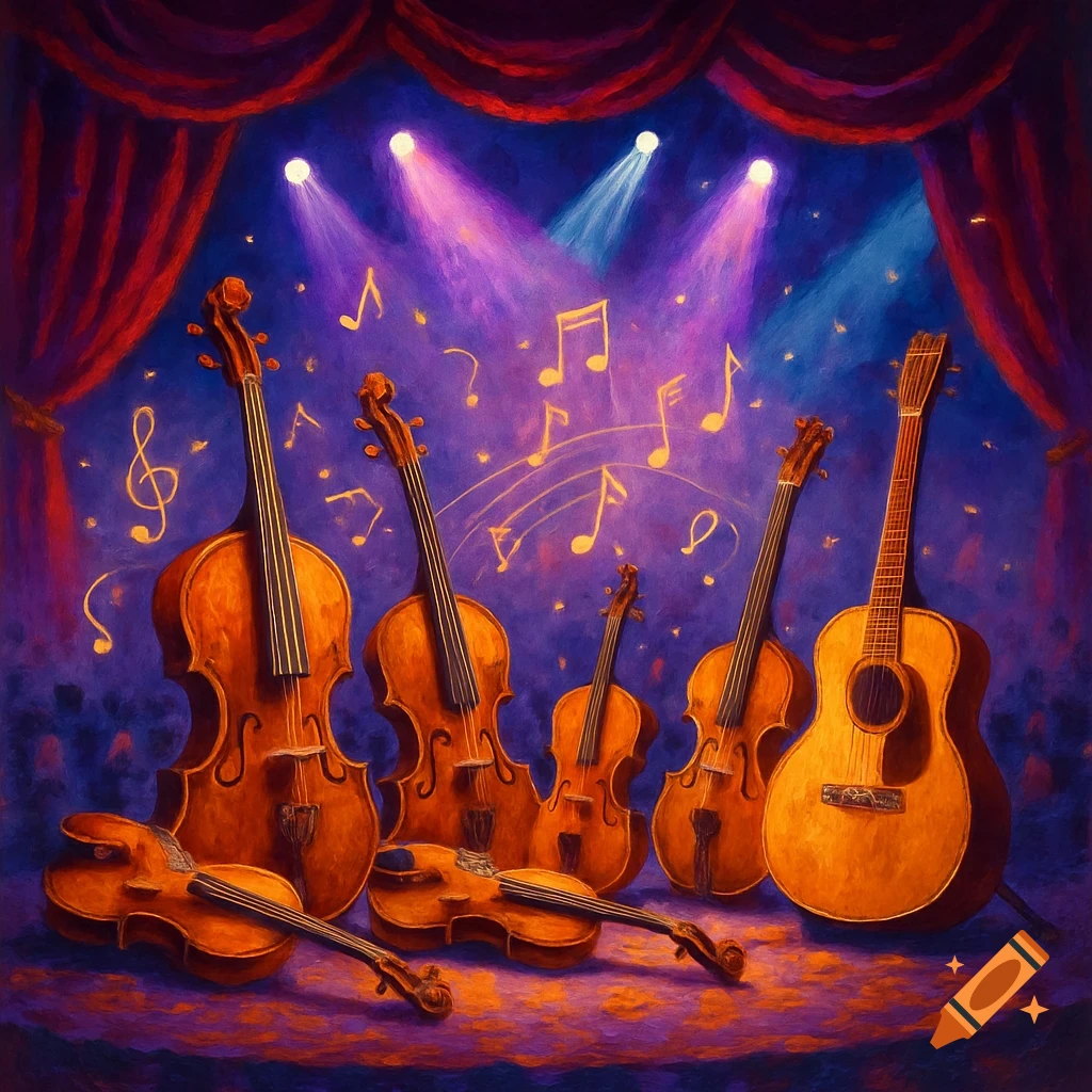A painterly image of violins, violas, and guitars on a dimly lit stage with spotlights and floating musical notes.