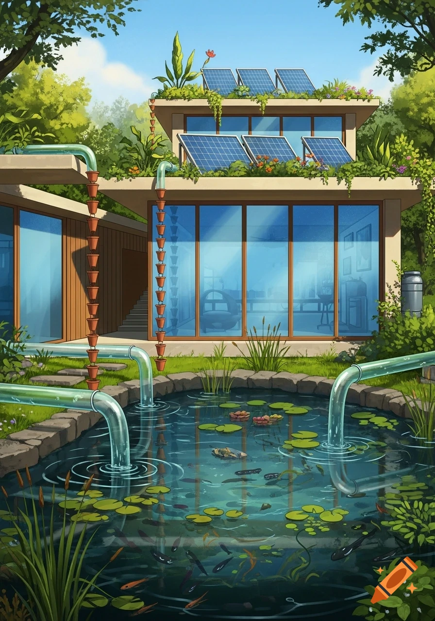 An illustrated eco-friendly house with solar panels, a green roof, and a pond with fish fed by a rainwater harvesting system.