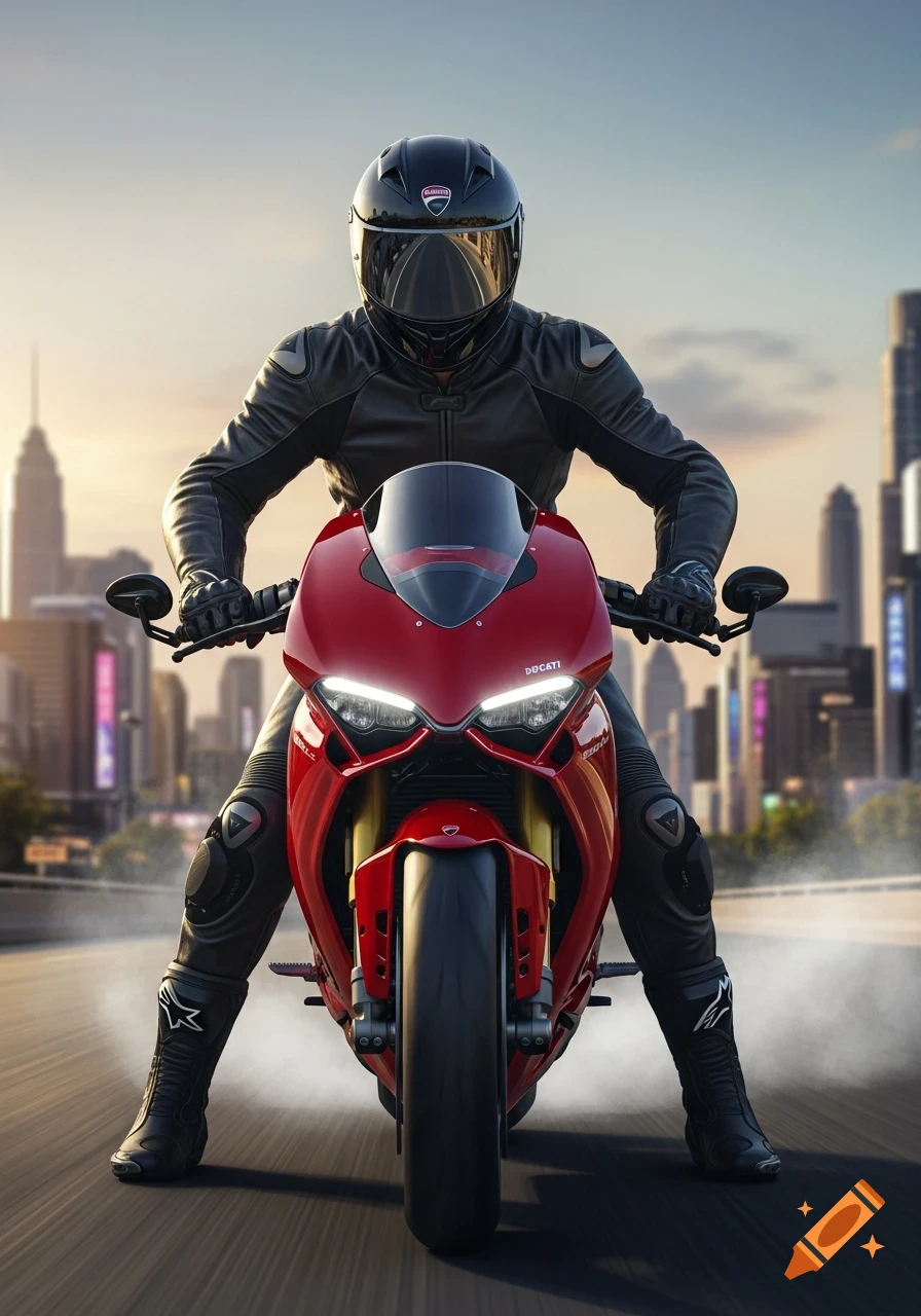 A person in a black leather suit and helmet sits on a red Ducati motorcycle, facing forward with a city skyline in the background.