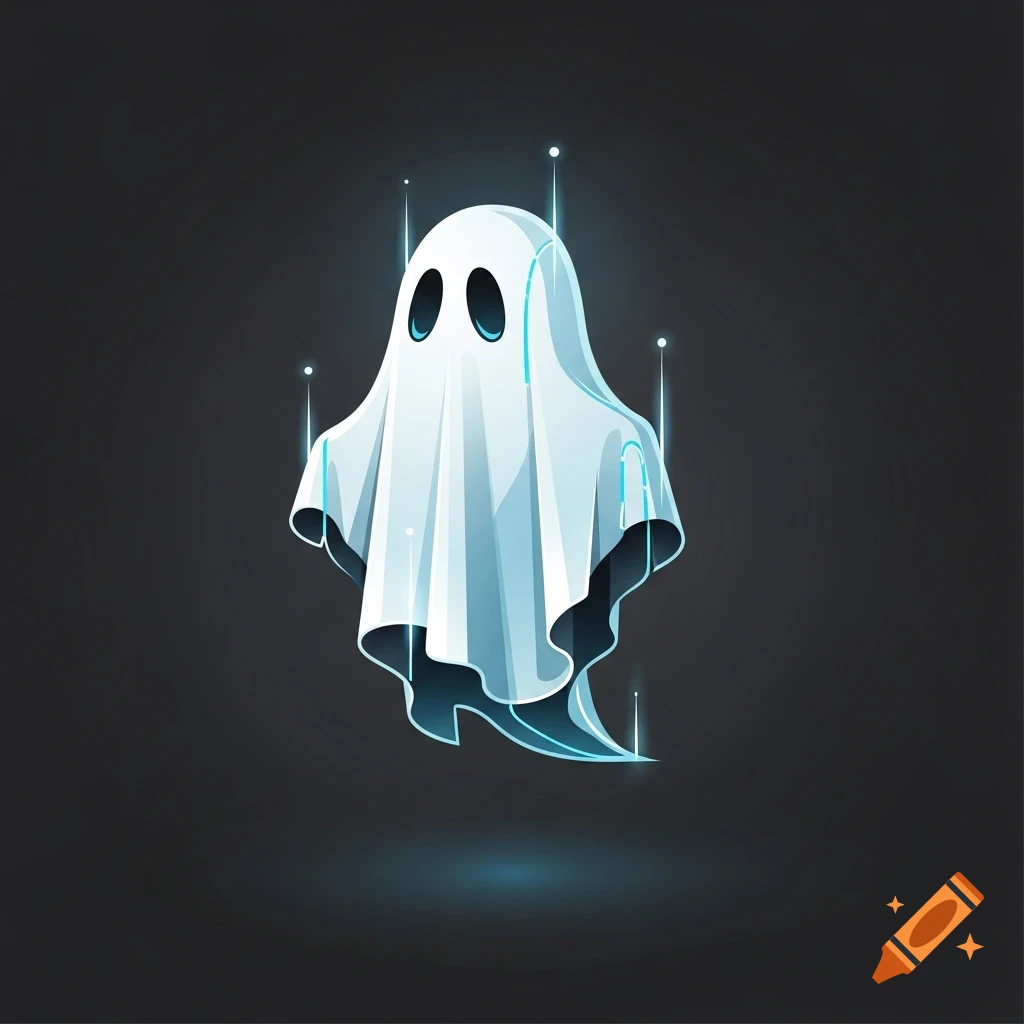 A stylized white ghost with glowing blue accents and black eyes floats on a dark background, digital art.
