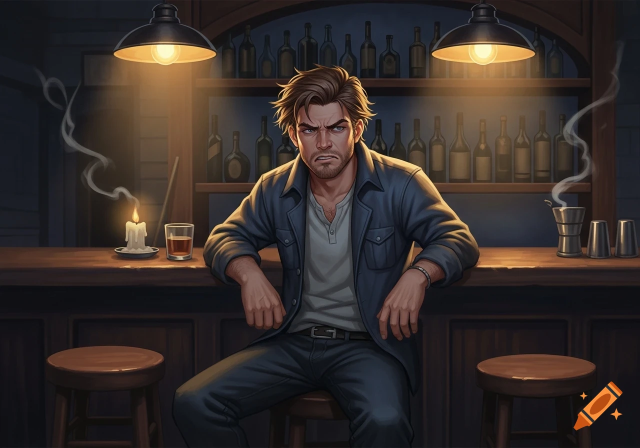 A scowling, bearded man in a denim jacket sits at a dark bar with bottles, a candle, and a drink.