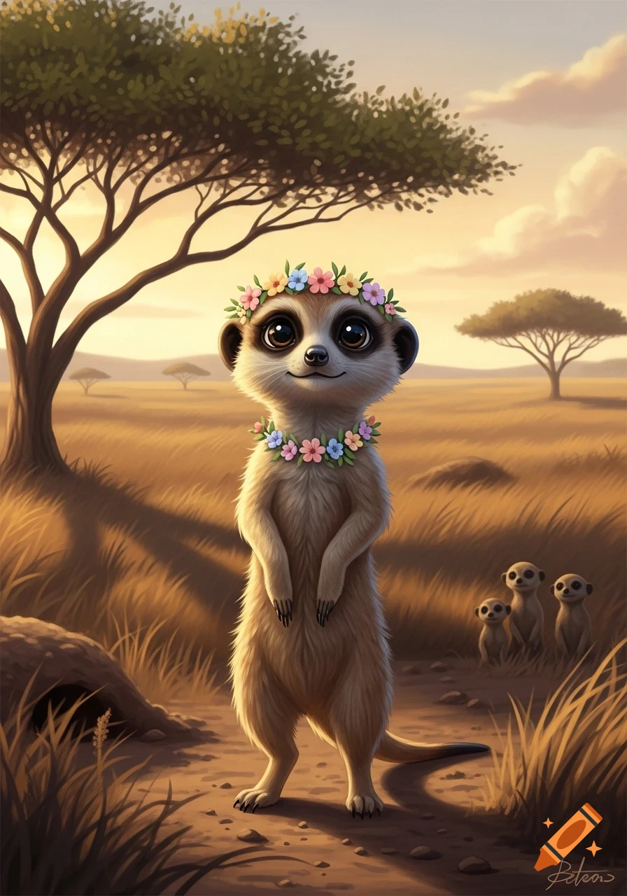 A cute, cartoon meerkat wearing flower crowns, standing upright and smiling in a savanna at sunset, with two smaller meerkats in the background.
