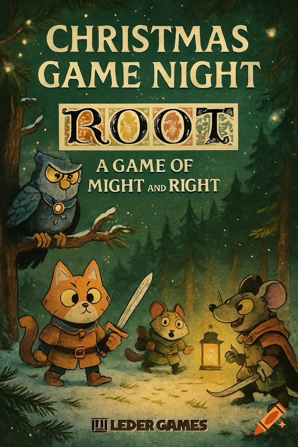 Christmas Game Night Root board game poster with cartoon animals (owl, cat, mice) in a snowy forest.