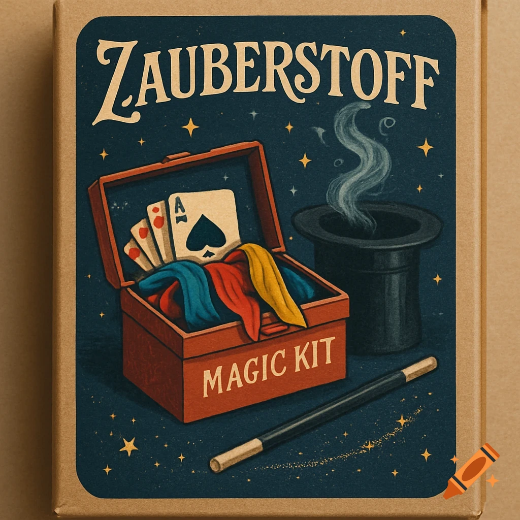Vintage style illustration of a magic kit label featuring an open box with colorful cloths and playing cards, a smoking top hat, and a magic wand, all against a starry night background. Text reads "ZAUBERSTOFF" and "MAGIC KIT".