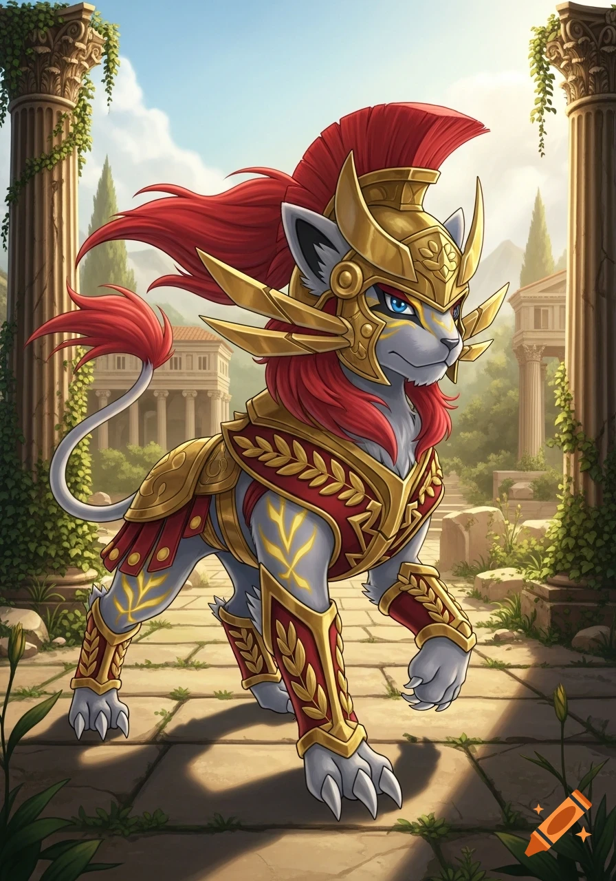 A stylized lion-like Pokémon in red and gold Roman armor and helmet stands among ancient ruins.