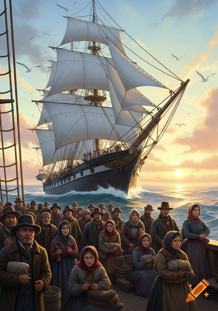 Realistic painting of a crowd of people, likely 19th-century immigrants, on a ship's deck with a large sailing ship and sunset in the background.