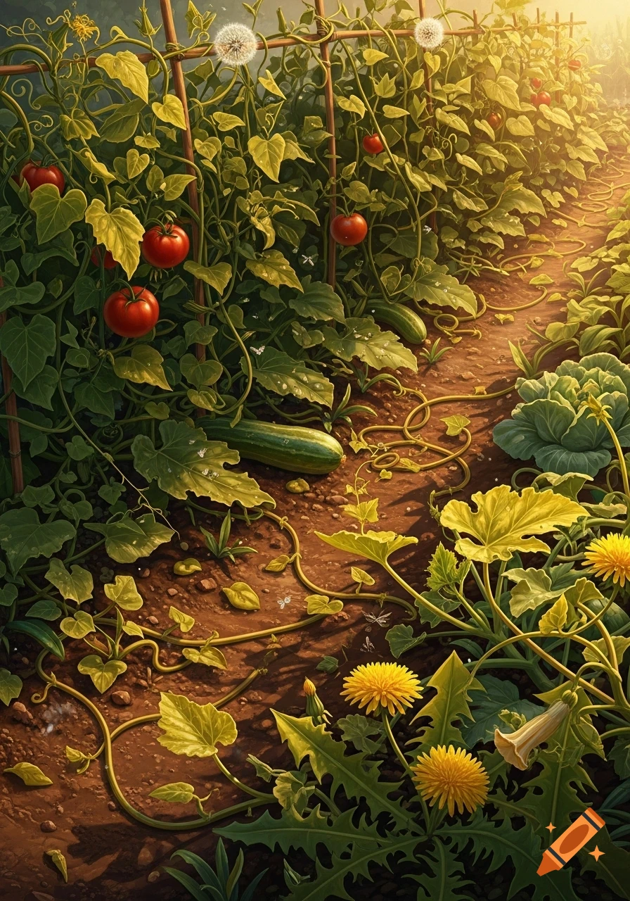 A vibrant vegetable garden with ripe red tomatoes, green cucumbers, and dandelions growing among leafy plants in warm sunlight.