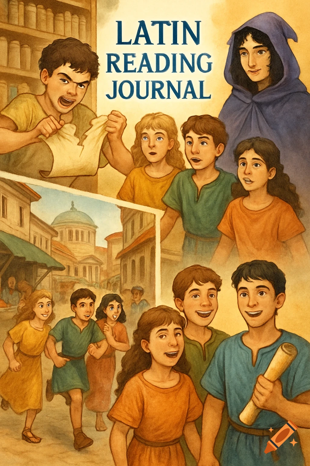 Collage illustration for a Latin reading journal with Roman children in scenes of anger, mystery, escape, and happiness.