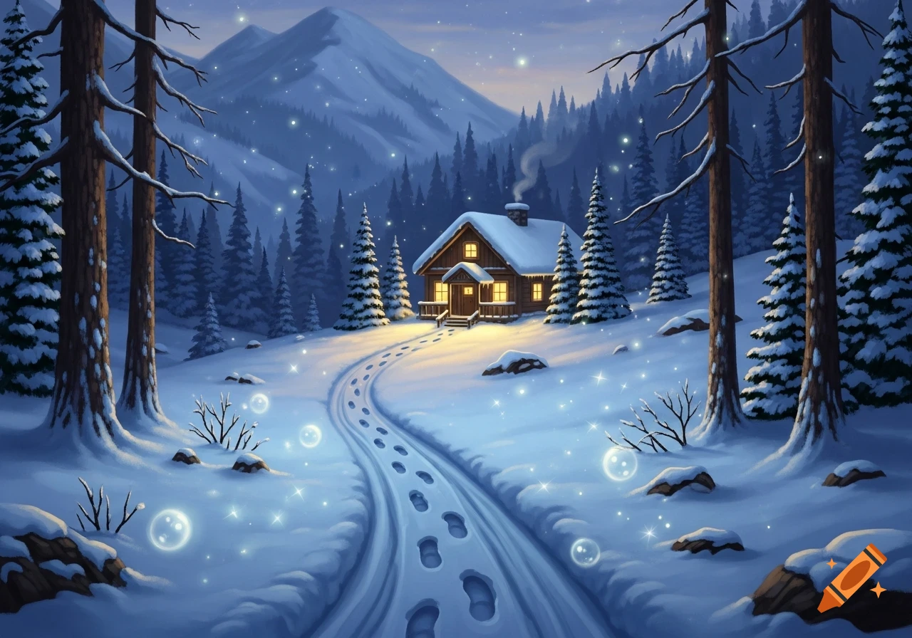 A charming wooden cabin nestled in a snowy mountain landscape at dusk, with glowing windows, a winding path of footprints, and magical sparkling snow.