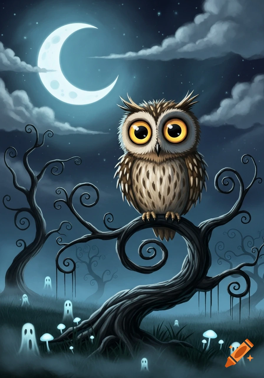 A stylized owl with big yellow eyes sits on a spooky, swirling tree branch under a crescent moon, with small white ghosts in foggy grass.