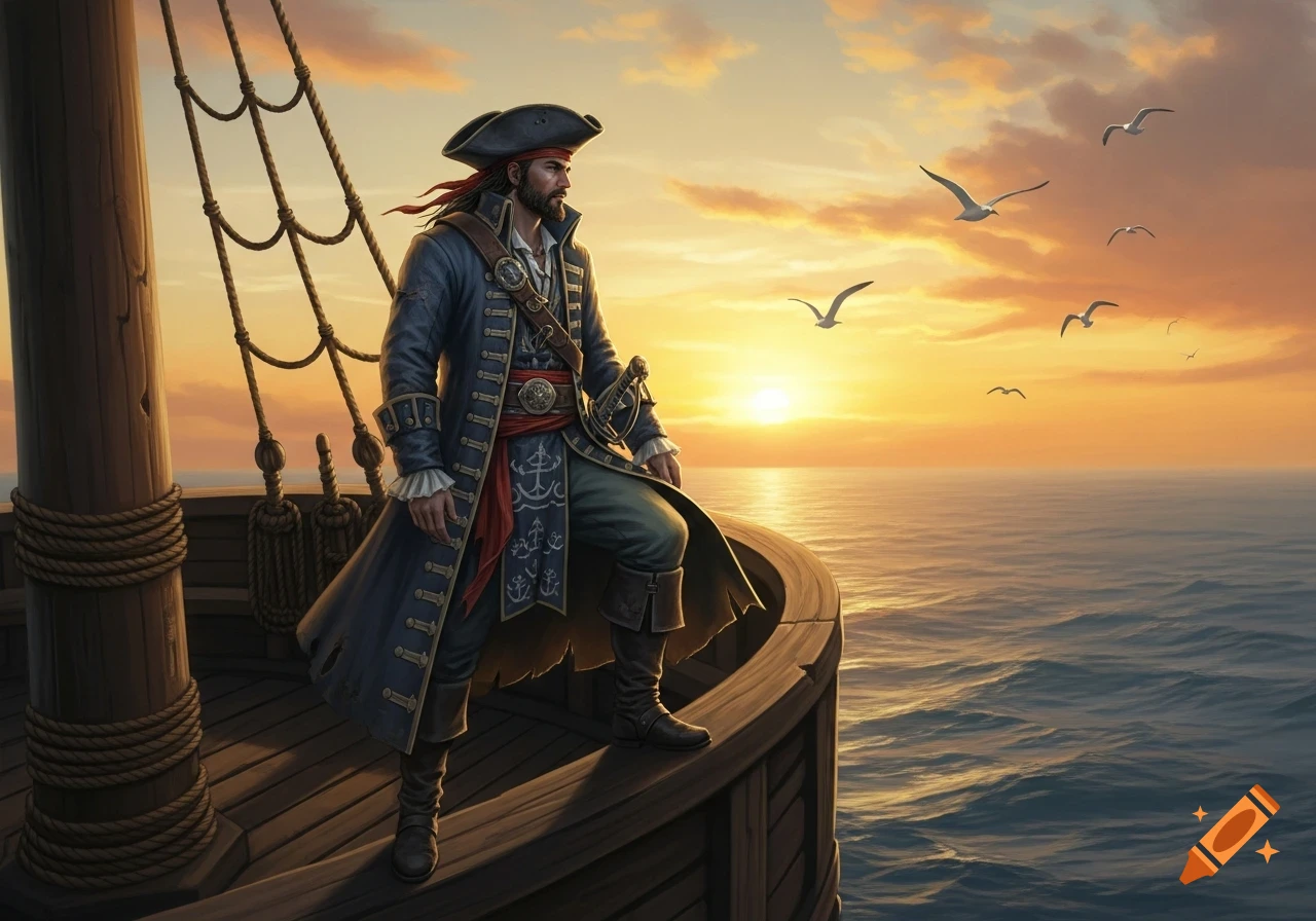 A determined pirate stands on the bow of his ship, gazing out at the open sea during a vibrant sunset.
