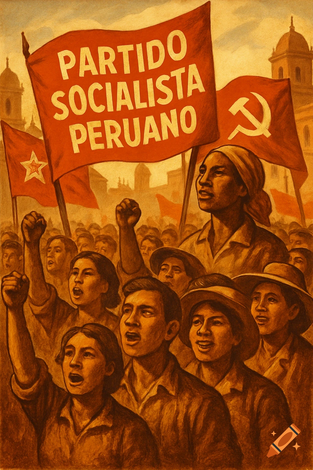 Vintage propaganda poster of a crowd raising fists, holding red flags with 'PARTIDO SOCIALISTA PERUANO' and a hammer and sickle.