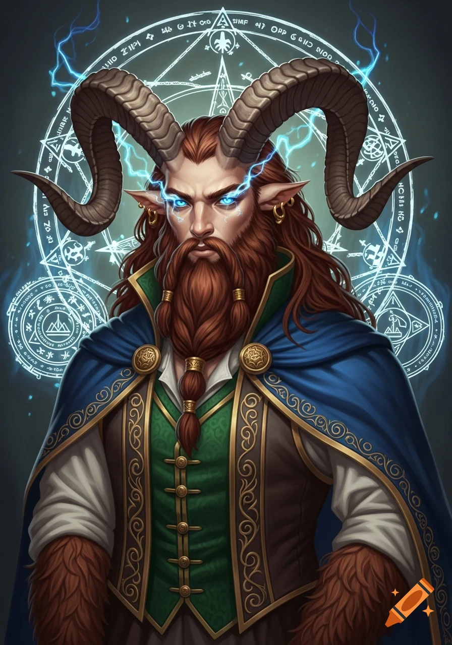 A detailed fantasy portrait of a red-haired male satyr-like character with a beard, large ibex horns, glowing blue lightning eyes, and fine blue and green robes, against a background of glowing magical symbols.
