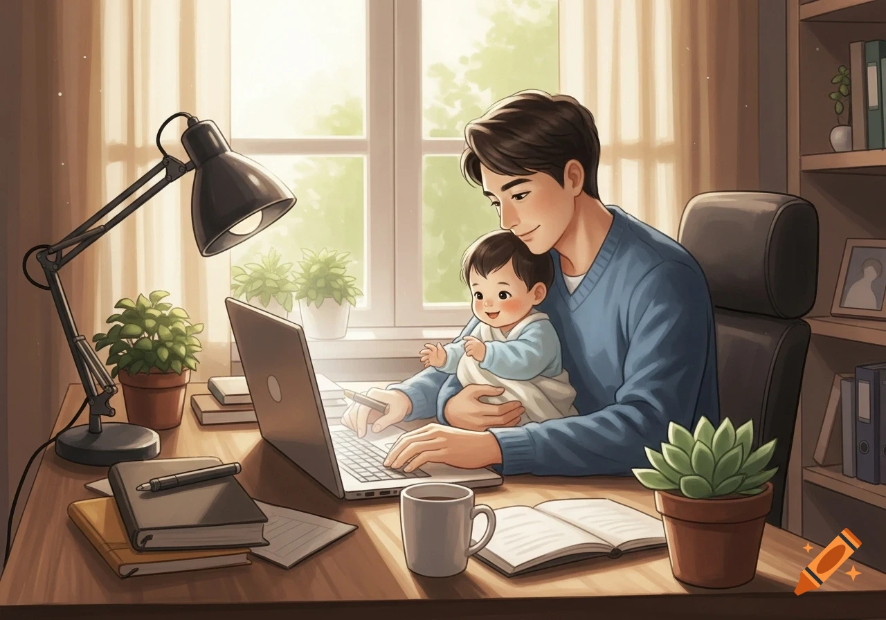 An illustrated man works on a laptop at a desk, holding a smiling baby in his arms. Plants and books are on the desk and shelf.