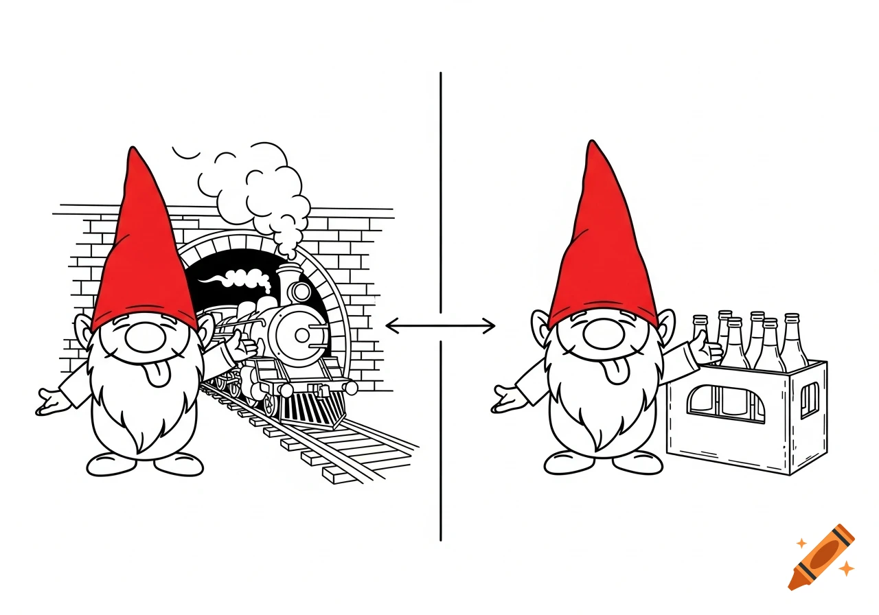 A cartoon gnome in a red hat points to a train coming from a tunnel on the left and a crate of bottles on the right, in line art style.