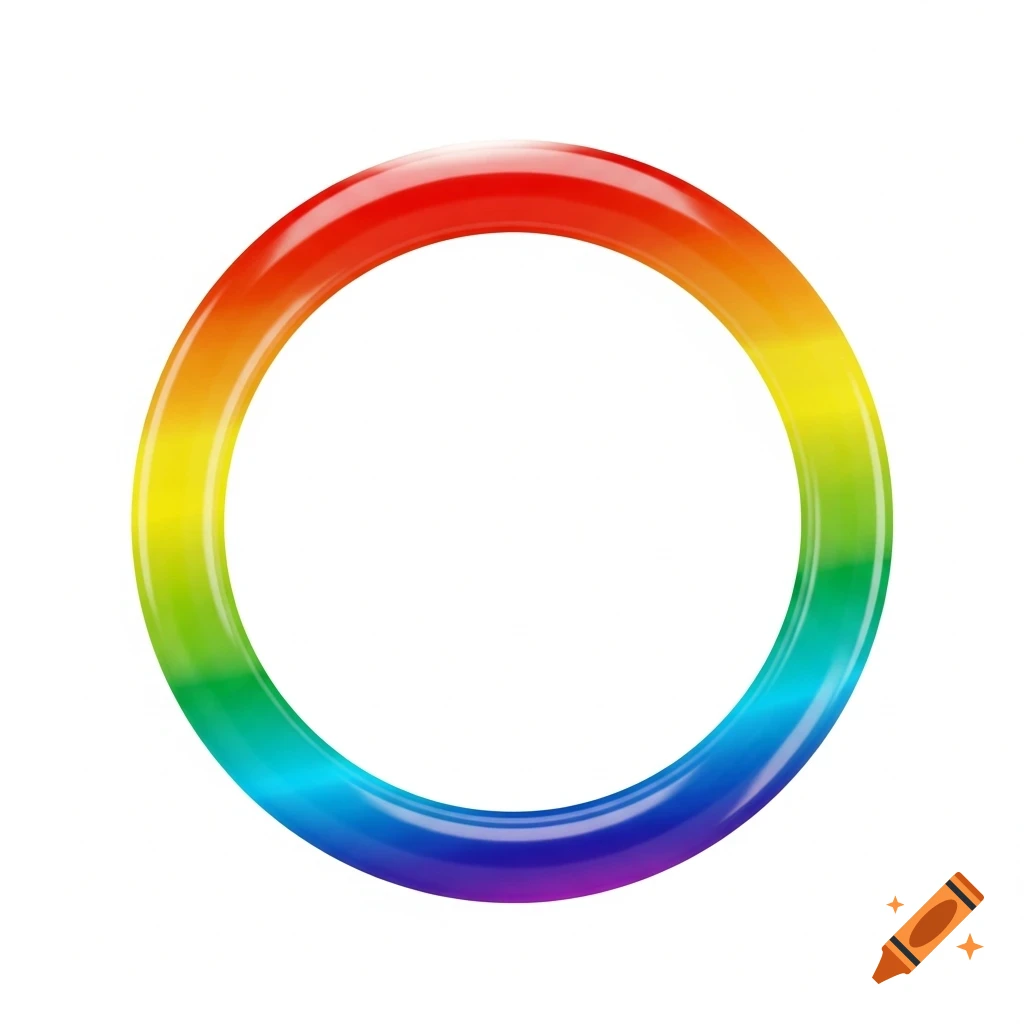A glossy, vibrant rainbow-colored ring stands out against a stark white background.