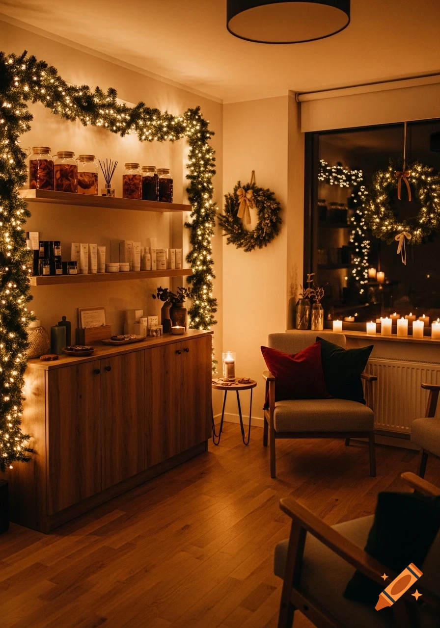 A cozy, warm-lit aesthetic and naturopathy practice room, decorated for Christmas with twinkling garlands, wreaths, candles, and shelves of products.