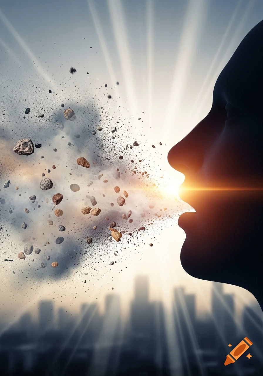 A dark human silhouette exhales a cloud of dust and rocks against a radiant sky and blurred city skyline.