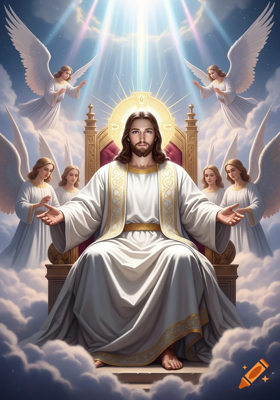 Jesus Christ with flowing hair and beard, in white robes, sits on a golden throne in heaven, surrounded by serene angels and bathed in divine light from above.