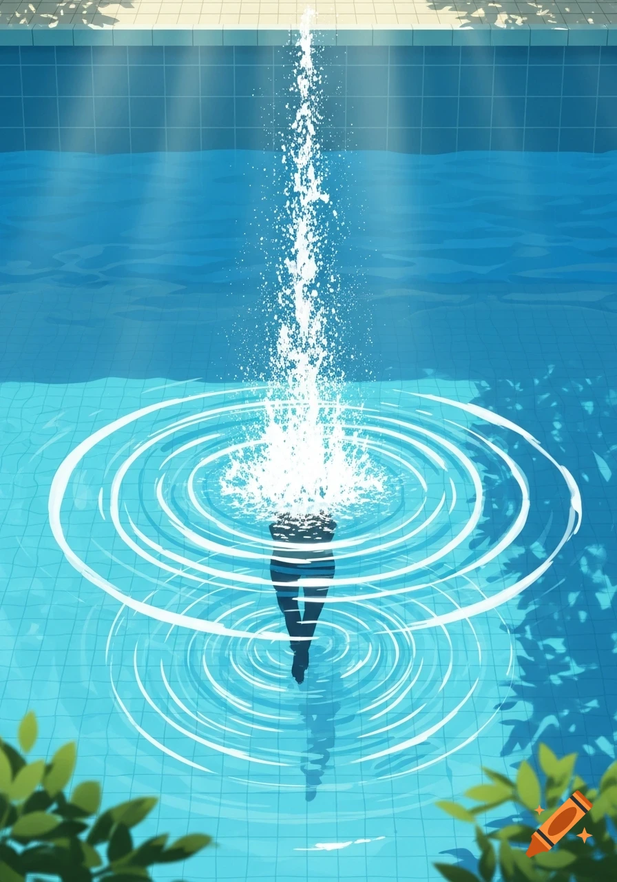 An aerial view of a person diving headfirst into a clear blue swimming pool, creating a large white splash and concentric ripples.