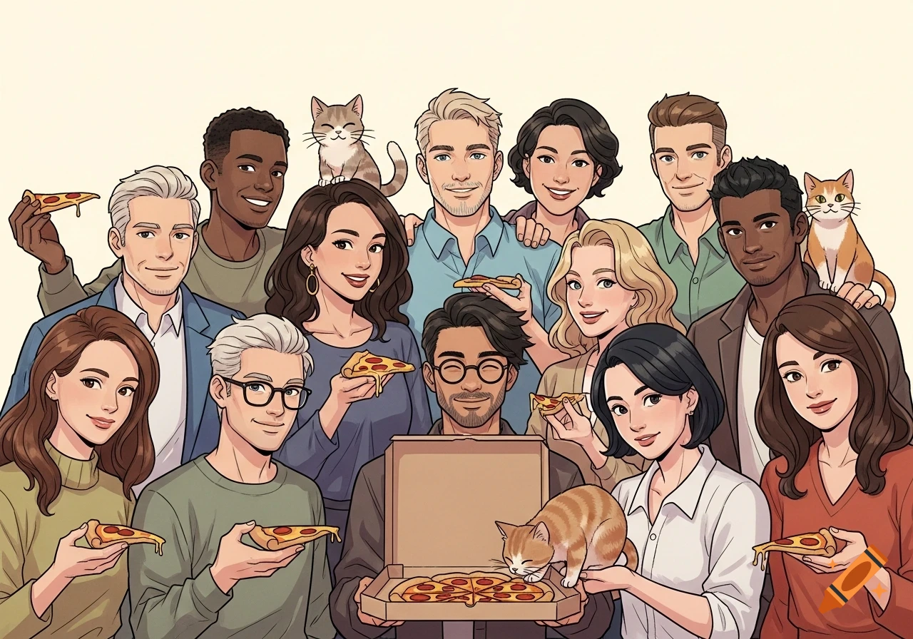 A diverse group of people and cats in a semi-realistic cartoon style. Many hold pizza slices, and a cat sniffs pizza in a box.