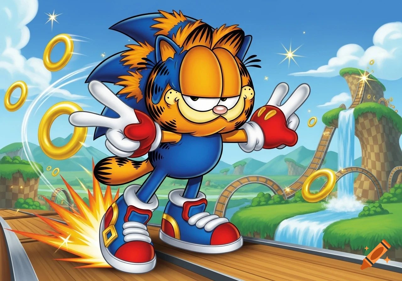 Garfield dressed as Sonic the Hedgehog makes peace signs, surrounded by golden rings in a vibrant cartoon landscape with waterfalls and checkered paths.