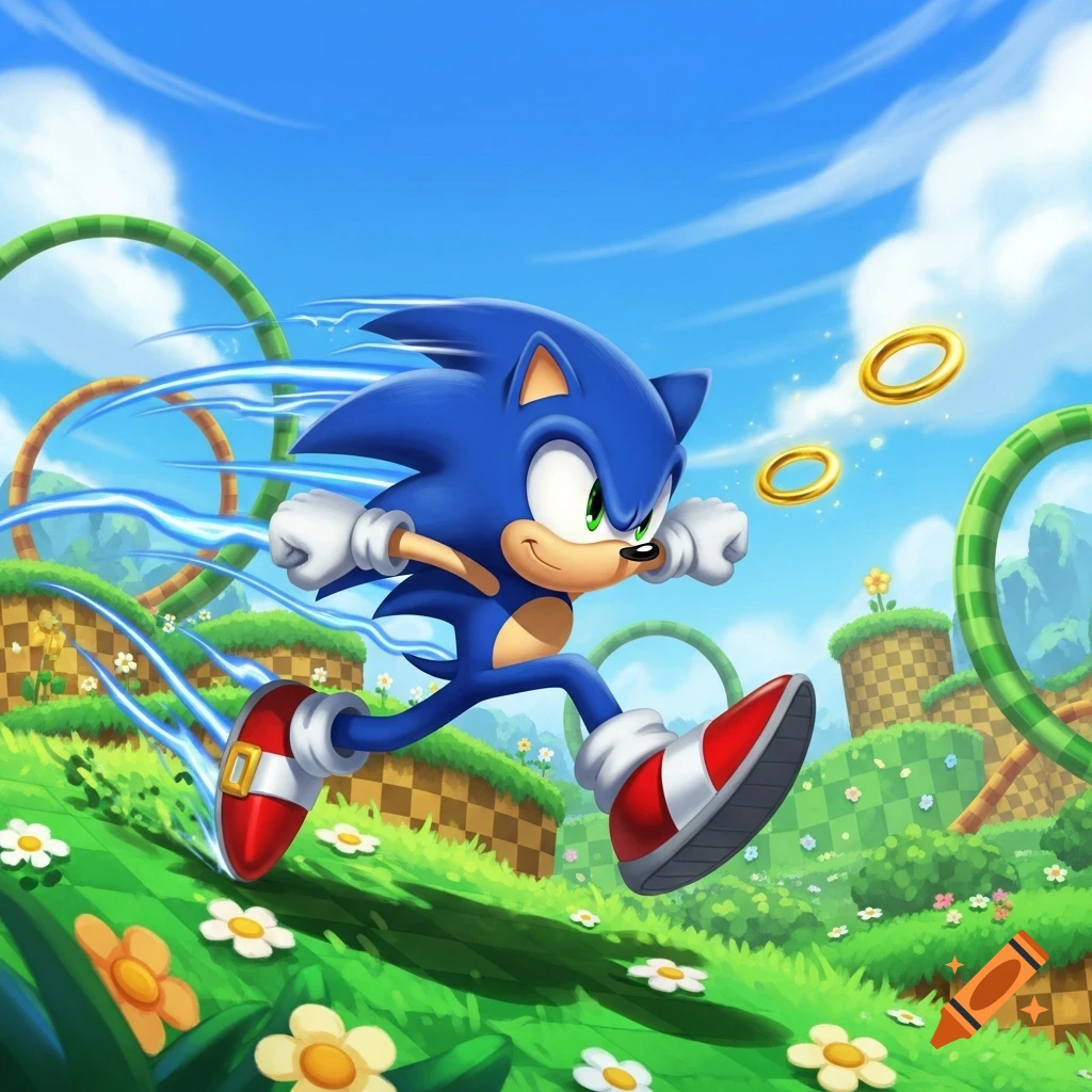 Sonic the Hedgehog runs through a vibrant Green Hill Zone-like landscape with rings and loops under a blue sky.