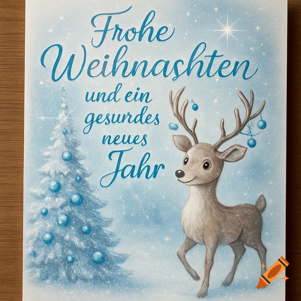 A blue-themed Christmas card illustration featuring a cute reindeer and a decorated Christmas tree with the German text 'Frohe Weihnachten und ein gesundes neues Jahr'.