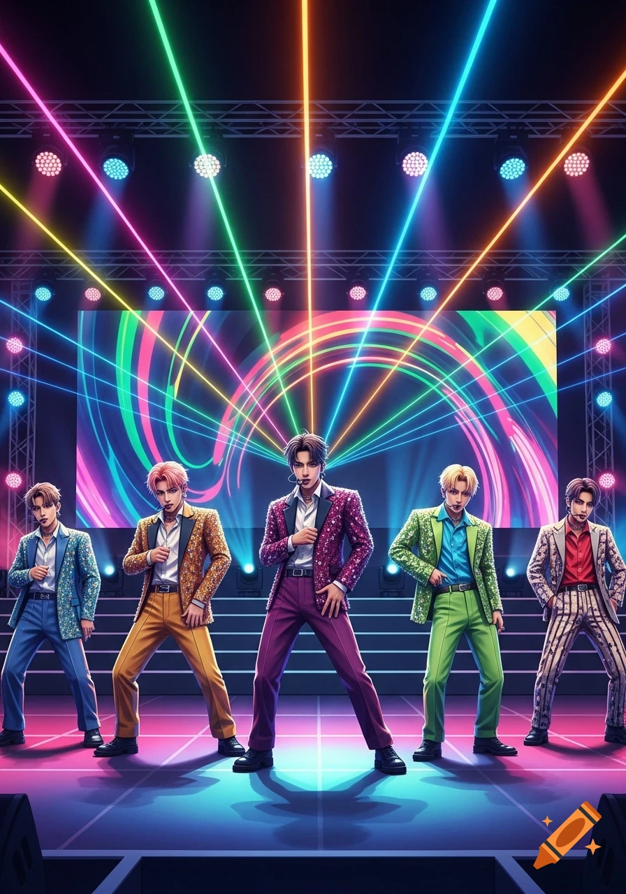 Five male K-pop performers in glittery suits pose on a vibrant stage under neon lights, digital art.