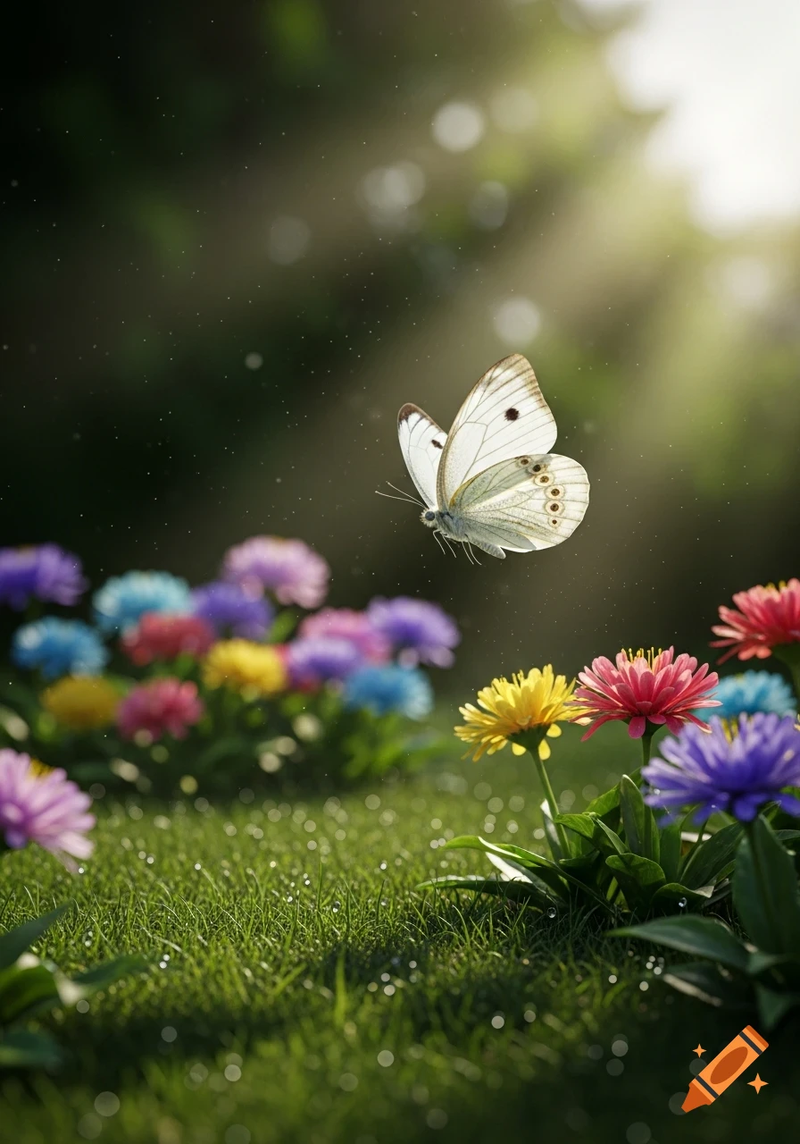 A white butterfly with black spots hovers above vibrant yellow, pink, and purple flowers in a lush, dewy green meadow bathed in sunlight.