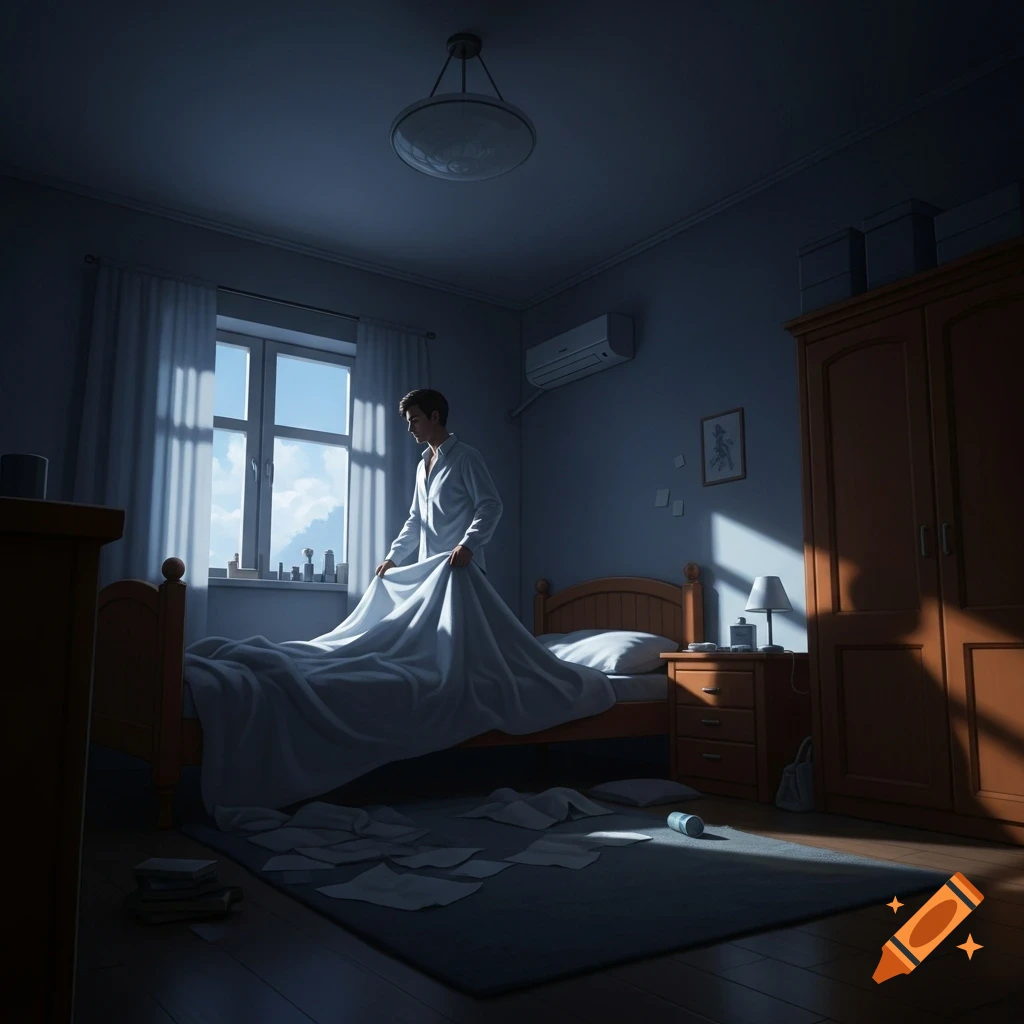 A man in a white shirt stands by a bed, making it, in a dimly lit room with sunlight streaming through a window.