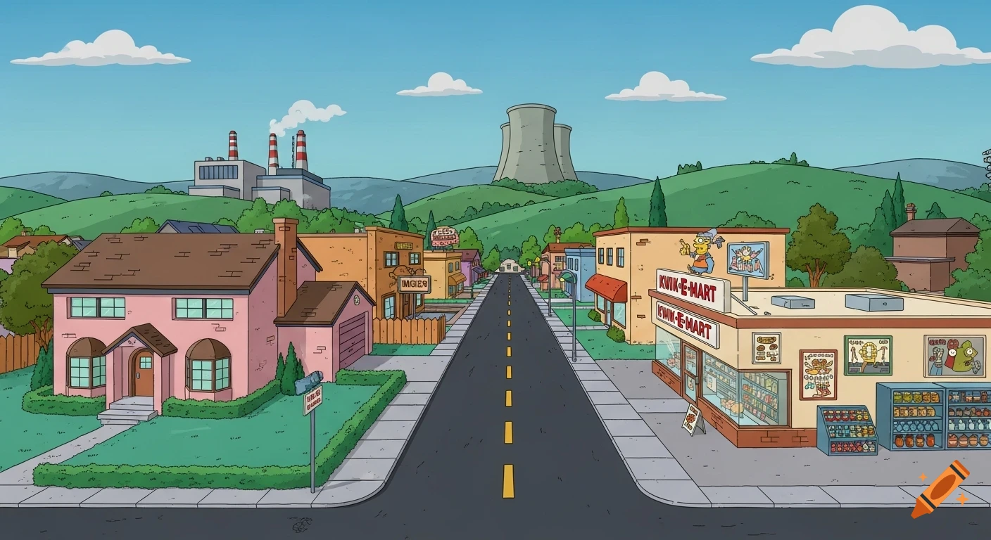 A cartoon street view of Springfield, with Kwik-E-Mart, Moe's, houses, and power plants under a blue sky.
