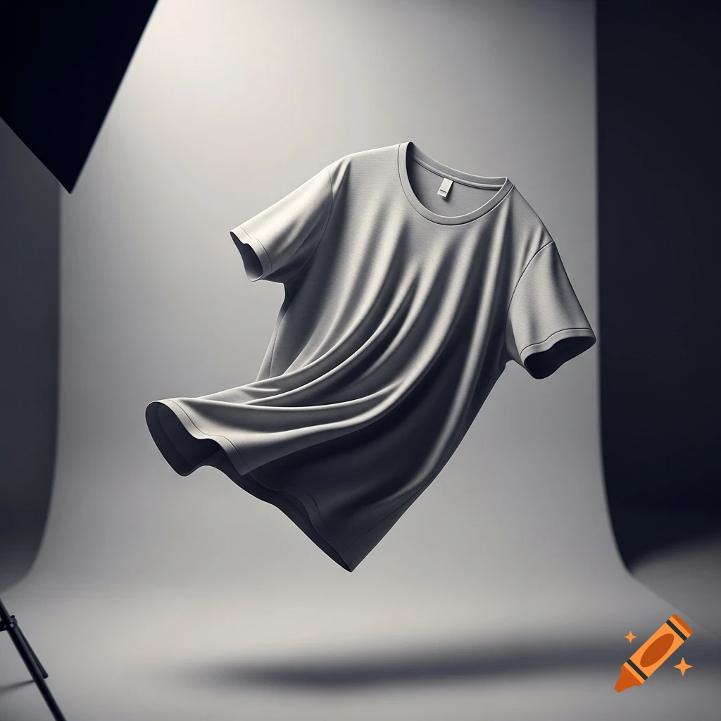 A plain gray t-shirt floats gracefully in a brightly lit photography studio with a curved gray backdrop and studio lights.