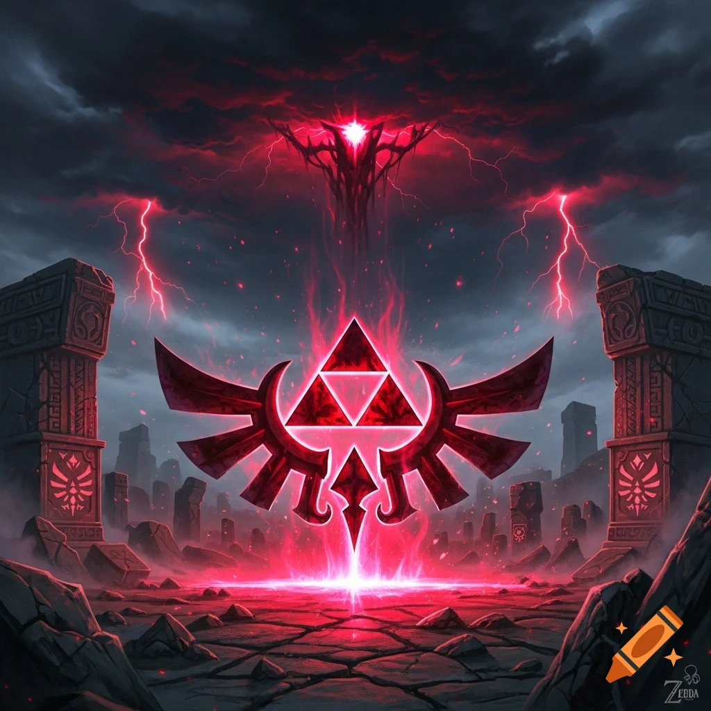 A dark fantasy digital art piece showing a glowing red Triforce in ancient Hyrule ruins under a stormy sky with red lightning.