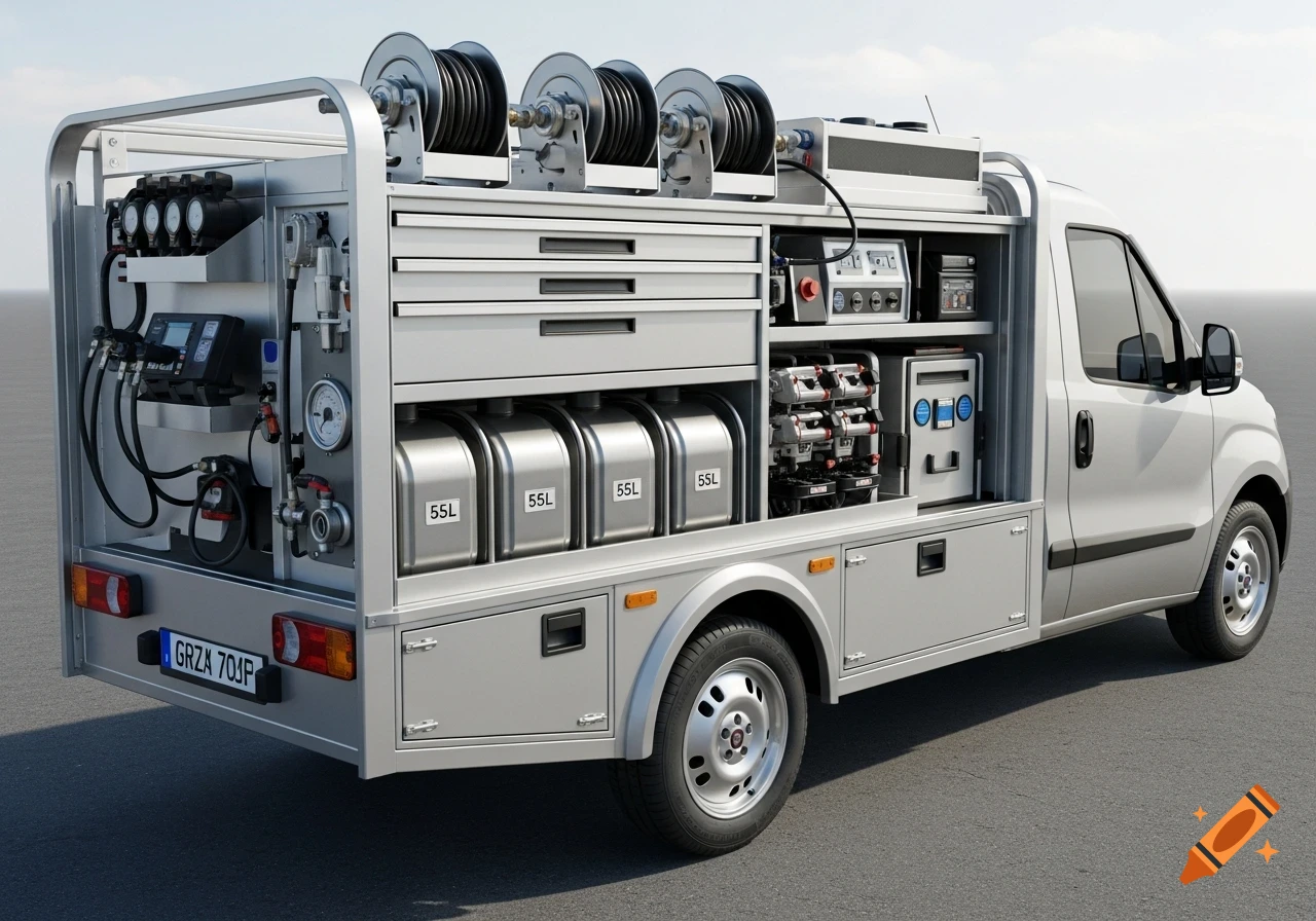 Photorealistic white Fiat Doblo utility van customized for automotive service, featuring rear storage compartments, hose reels, and 55L tanks.